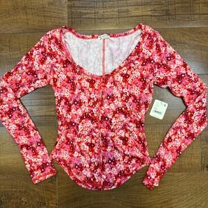 Intimately Free People Red Floral Scoop Neck Long Sleeve Bodysuit XS OB1462018